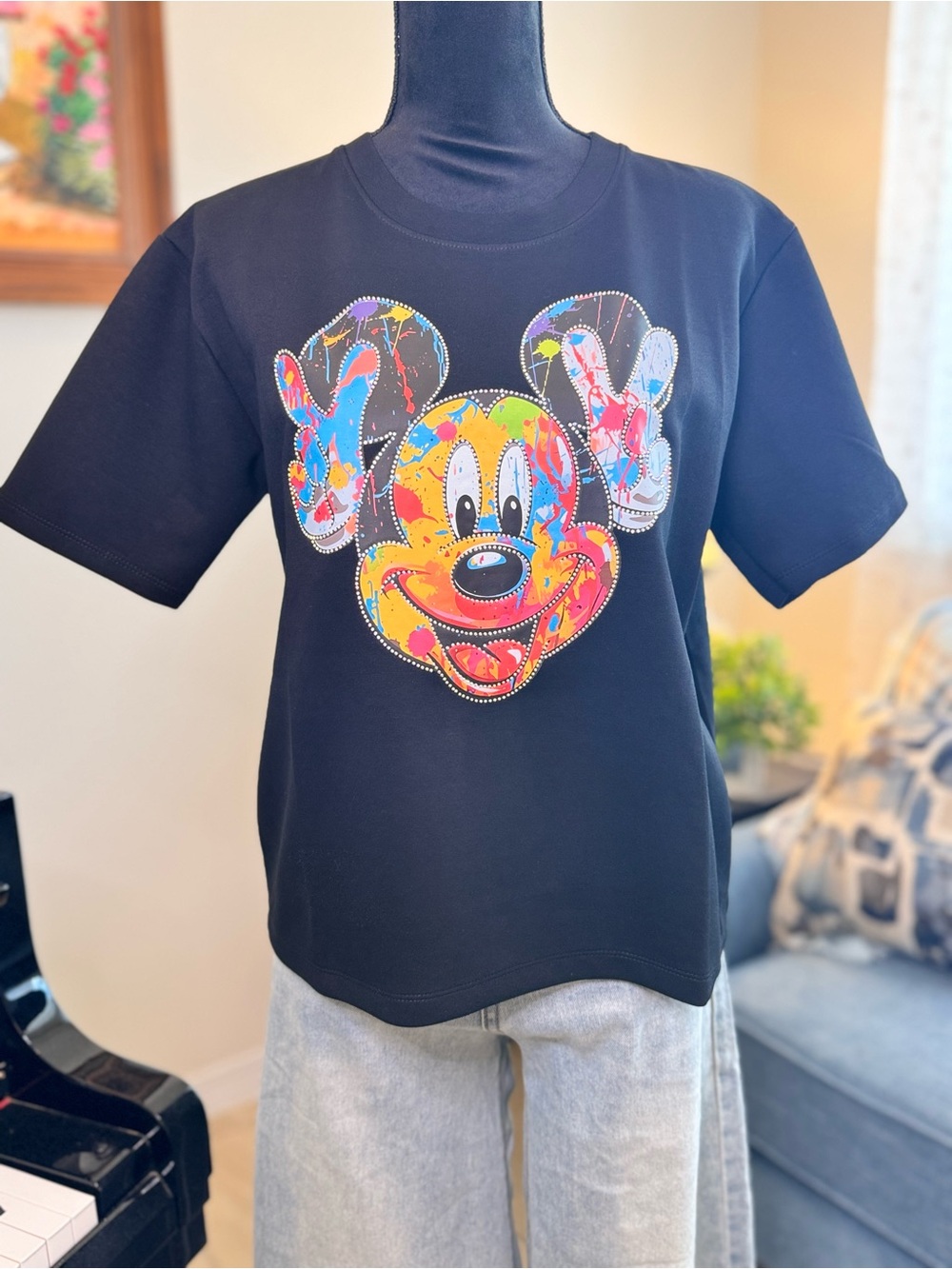 Mickey Mouse Short Sleeve Tee with Colorful Cartoon Face